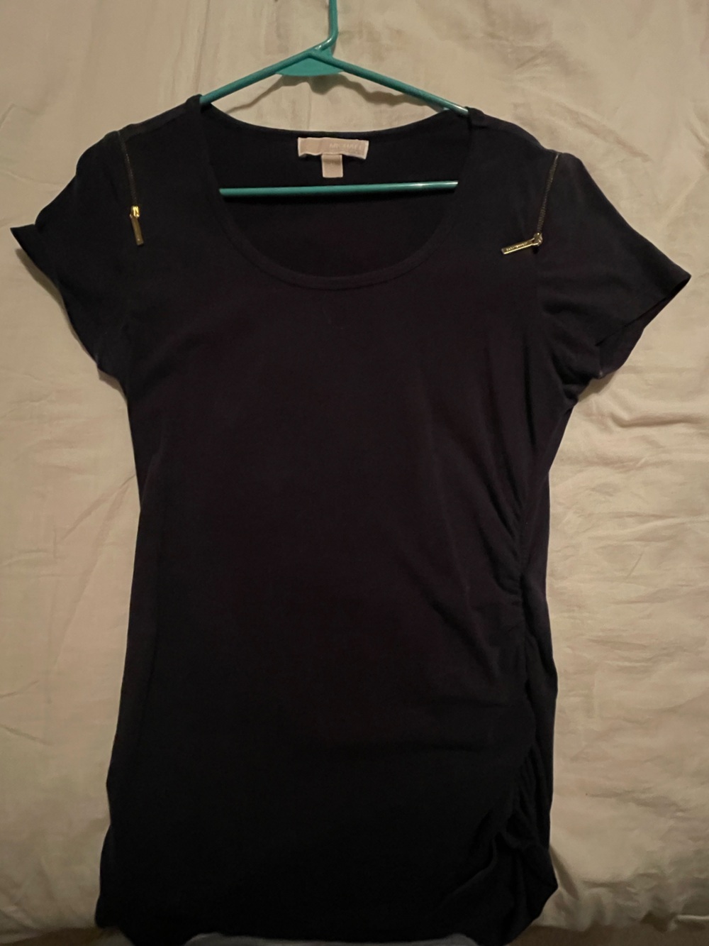 Women's navy blue Short Sleeve Scoop Neck Top with Gold Zipper Detail